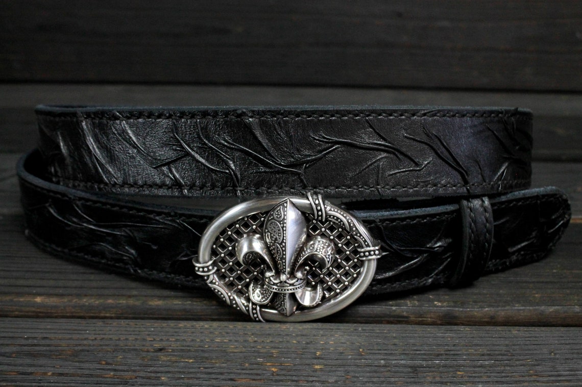 Handmade black leather belt Royal Fleur de Lis buckle French Etsy