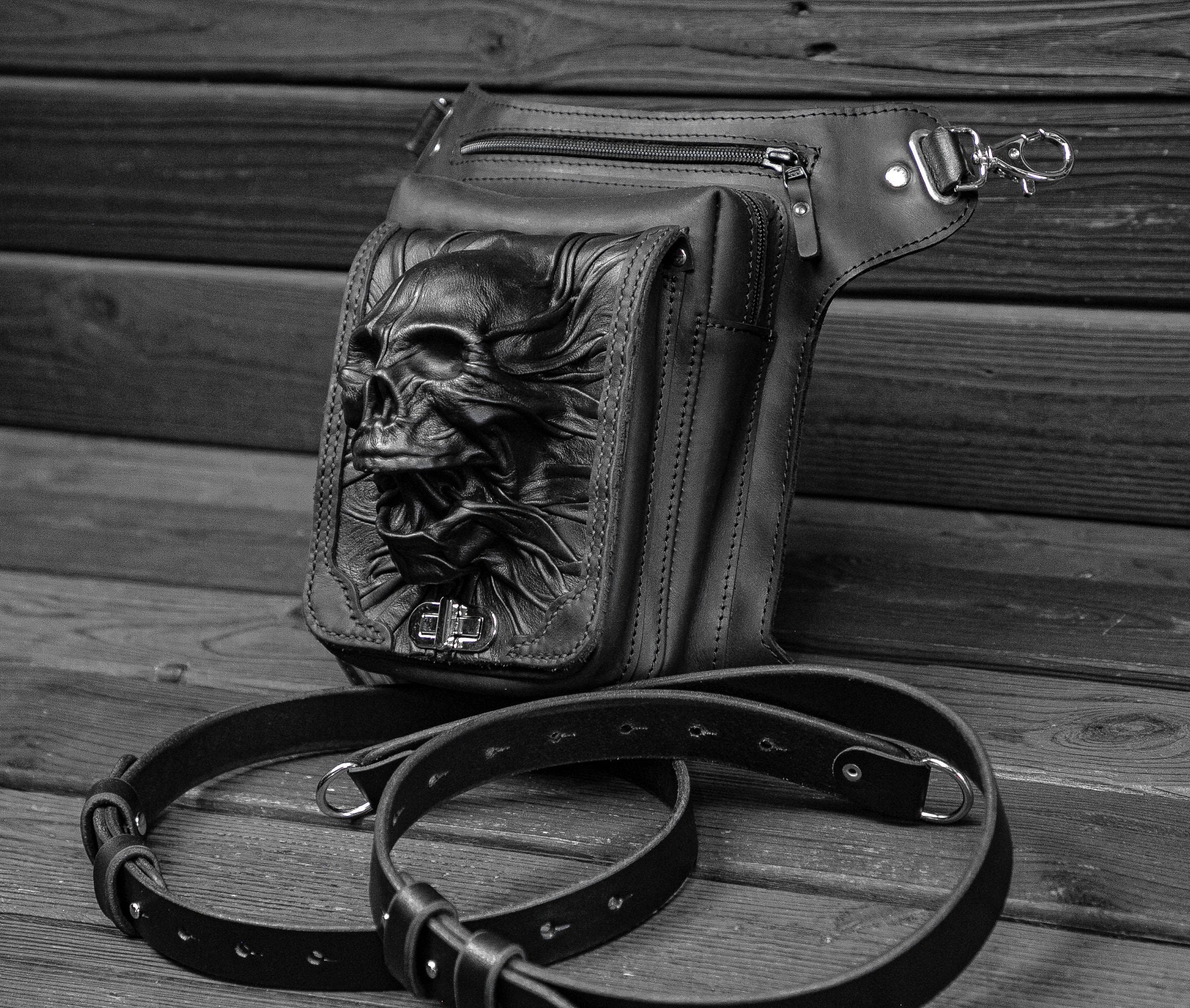 Handmade Leg Bag, Leather Bag Skull, Leather Leg Bag, Bikers Leg