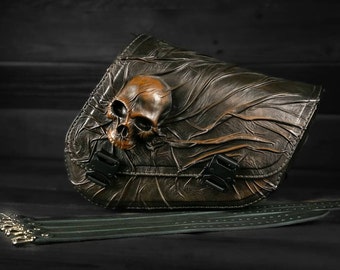 Motorcycle's right side brown leather saddlebag Skull, Sportster leather side bag Gothic Skull, Sportster leather saddle bag Skull