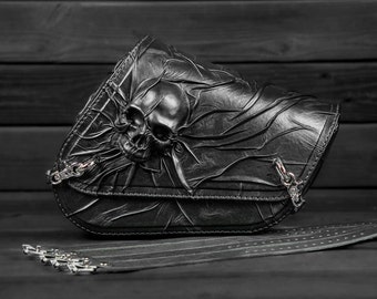 Motorcycle's right side black leather saddlebag Skull, Sportster leather saddle bag Skull, Sportster handmade side bag Skull, Right side bag