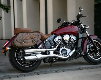 Universal motorcycle's brown leather saddlebag Indian Roach Skull, Motorcycle's leather right side saddle bag, Brown leather side bag Skull