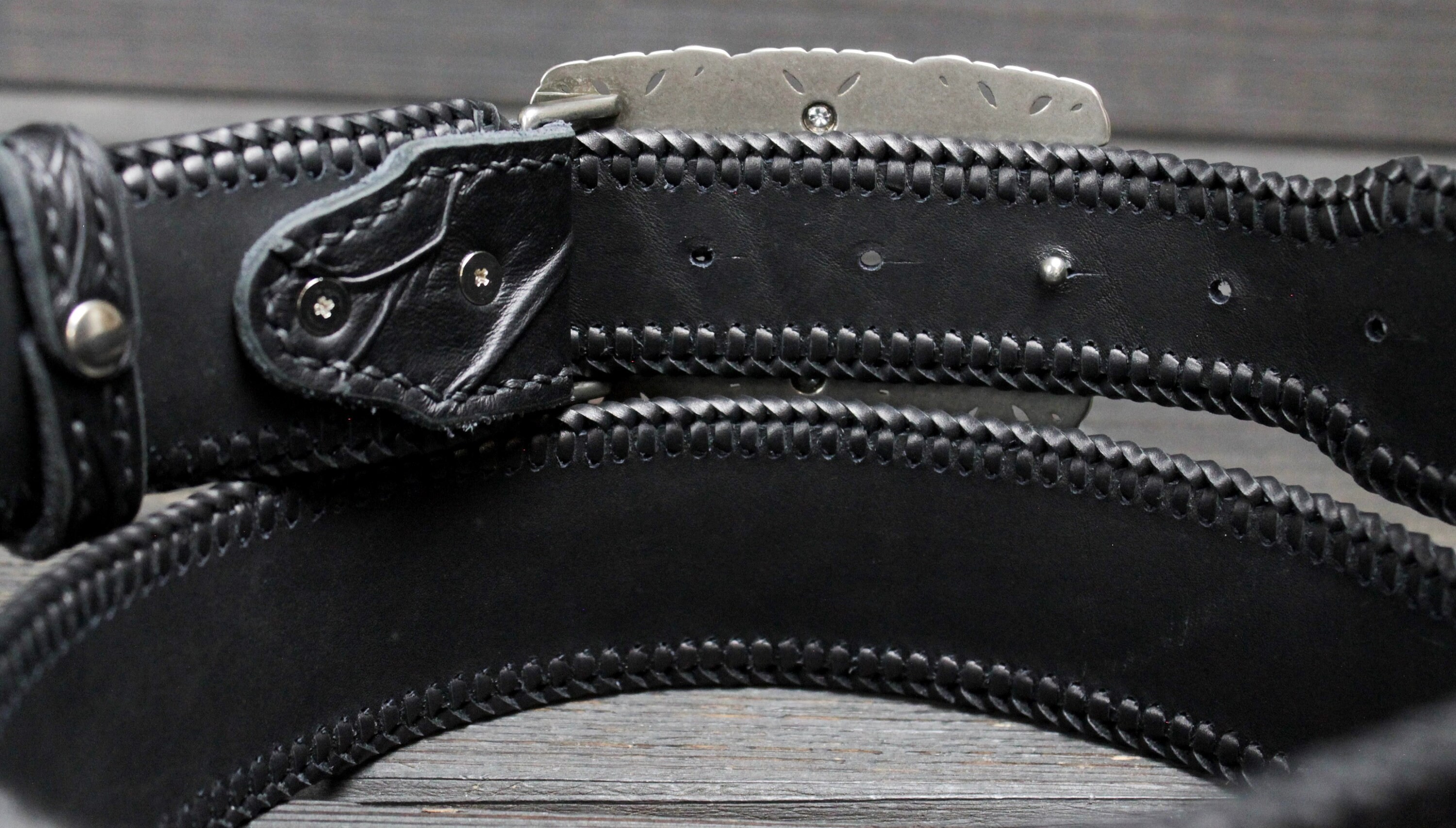 Robbie French Cross black leather belt. The Brass Boot: Chromexcel Black Moc Toe Boots | Grant Stone main image 2