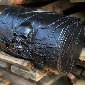 Motorcycles&#39;s black leather rear bag Skull, Universal motorcycle&#39;s leather rollbag, Rear roll bag Skull, Custom design motorcycle&#39;s rear bag
