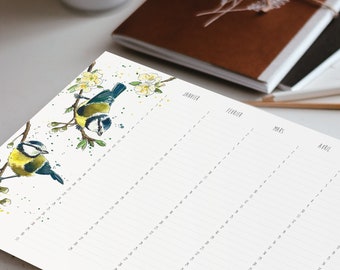 Birthday calendar, perpetual calendar, nature illustration, printed from my watercolors of garden birds