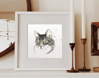 Original mini watercolor of a pet hand painted from a photo - Small square cat portrait - Mother's Day