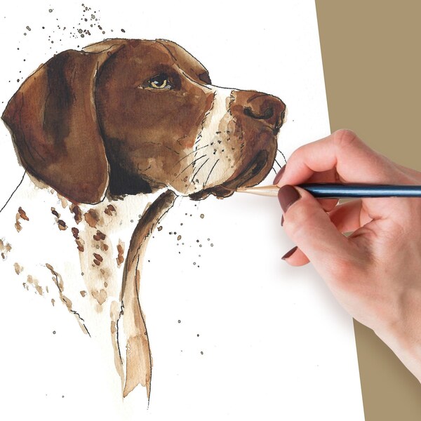 Portrait peint à la main sur mesure •Aquarelle personnalisée de chien d’après photo •Souvenirs commémoratif •Chien de chasse Braque Allemand