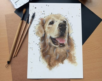 Personalized pets, handmade in watercolor from photo - Original watercolor - Golden Retriever dog - Gift idea