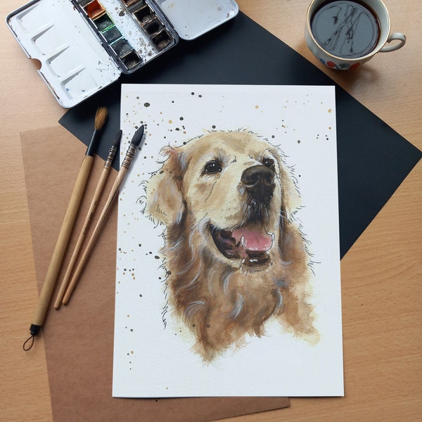 Animaux de compagnie personnalisés, fait à la main à l'aquarelle d'après photo - Aquarelle originale - chien Golden Retriever -  Idée cadeau