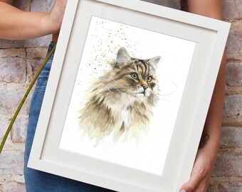 Personalized pet portrait handmade in watercolor from photo - Original watercolor of a Siberian cat - Pet memorial