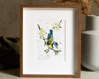 Impression d'une Mésange Bleue d'après mon aquarelle originale, Illustration naturaliste d'oiseau des jardins, cadeau ornithologie