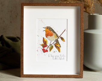 Impression d'un Rouge Gorge Familier d'après mon aquarelle originale, Illustration naturaliste d'oiseau des jardins, cadeau ornithologie
