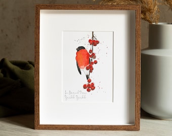 Print of a Peony Bullfinch from my original watercolor, Naturalist illustration of garden bird, ornithology gift