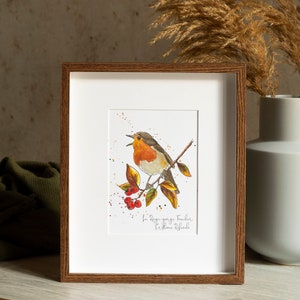 Impression d'un Rouge Gorge Familier d'après mon aquarelle originale, Illustration naturaliste d'oiseau des jardins, cadeau ornithologie