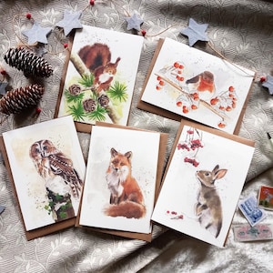 Cartes postales d'après mes aquarelles "Animaux de la forêt en hiver", Renard, Chouette Hulotte, Ecureuil, Lapin, Rouge Gorge  x1, x3, x5