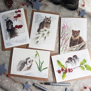 Cartes postales d'après mes aquarelles "Animaux de la forêt en hiver", Hérisson, Blaireau, Moineaux, Hibou Moyen Duc, Martre, x1 x3 ou x5