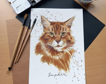 His personalized animal handmade in watercolor from a photo - Original watercolor of a ginger cat - Cat lover Christmas gift