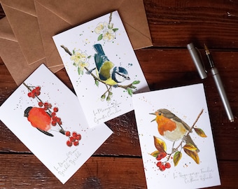 Set of 3 postcards of garden birds: Red Throat, Peony Bullfinch, Blue Tit