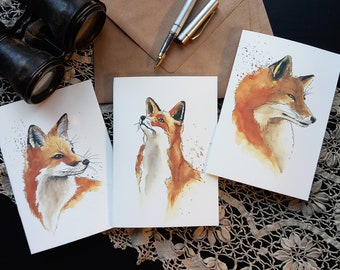 Set of 3 double Red Fox Postcards based on my original watercolors (with or without envelopes)