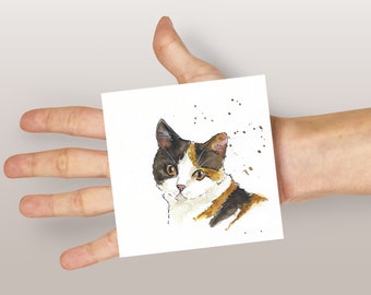Original mini watercolor of a pet hand painted from photo - Small square format cat portrait - Memorial souvenir