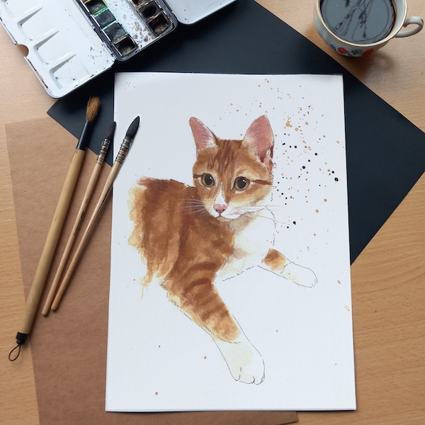 Votre animal personnalisé, fait à la main à l'aquarelle d'après photo - Aquarelle originale d'un jeune chat roux - souvenir commémoratif