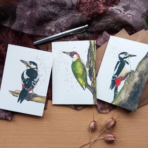 Pic Epeiche et Pic Vert - Lot de 3 Cartes doubles d'après mes Aquarelles originales - Avec ou sans enveloppes