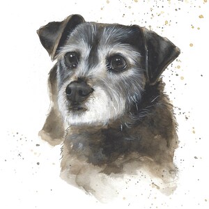 May include: A watercolor painting of a black and white dog with a gray muzzle. The dog has a sad expression and is looking to the left. The background is white with gold and black splatters.