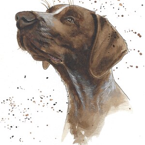 May include: A watercolor painting of a brown and white dog with a speckled background. The dog is looking up and to the right.