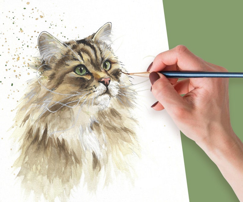 Personalized pet portrait handmade in watercolor from photo Original watercolor of a Siberian cat Pet memorial image 2