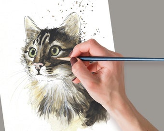 Portrait animalier personnalisé fait main à l'aquarelle d'après photo - Aquarelle originale de votre chat - cadeau pour amoureux des animaux