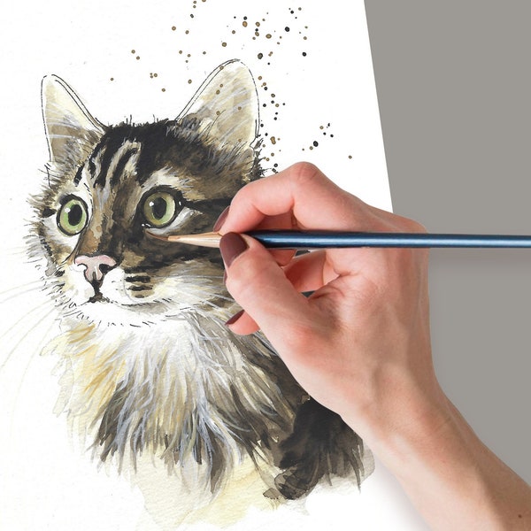 Portrait animalier personnalisé fait main à l'aquarelle d'après photo - Aquarelle originale de votre chat - cadeau pour amoureux des animaux