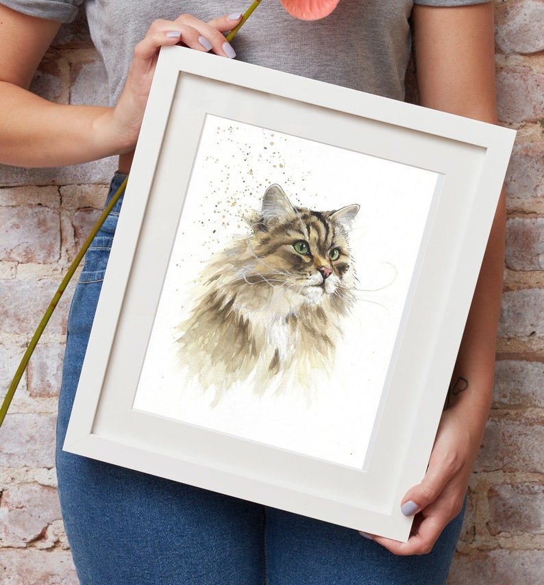 Personalized pet portrait handmade in watercolor from photo Original watercolor of a Siberian cat Pet memorial image 1