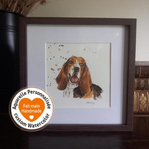 Ritratto personalizzato incorniciato di cane, gatto o coniglio. Vero acquerello fatto a mano, formato 10x10 cm (4x4"), tratto dalle tue foto. Commemorazione