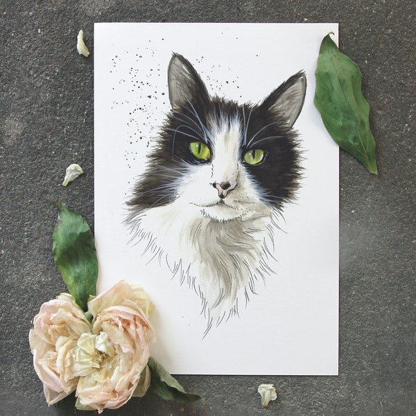 Portrait peint à la main sur mesure. Aquarelle personnalisée d’animal de compagnie d’après photo  Portrait chat. Fête des mères