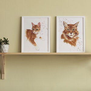 May include: Two framed watercolor paintings of orange tabby cats. The cat on the left is lying down, while the cat on the right is looking directly at the viewer. Both paintings have a white background with splattered paint.