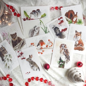 Watercolor postcards "Winter forest animals", printed from my original watercolors, set of 10 with envelopes