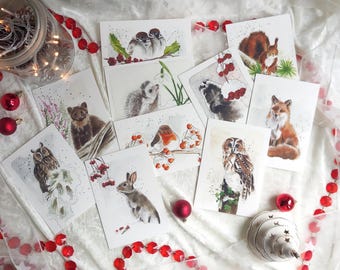 Cartes postales aquarelle  "Animaux de la forêt en hiver", imprimées à partir de mes aquarelles originales, lot de 10 avec enveloppes