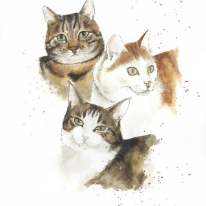 May include: Watercolor painting of three cats. The cats are brown, white, and tabby. The painting is on a white background with brown splatter paint. The text "Petunia, Titan & Wendy" is written at the bottom of the painting.