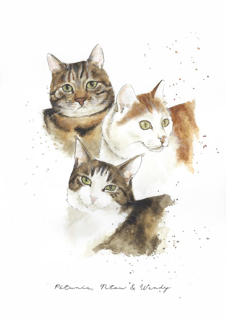 May include: Watercolor painting of three cats. The cats are brown, white, and tabby. The painting is on a white background with brown splatter paint. The text "Petunia, Titan & Wendy" is written at the bottom of the painting.