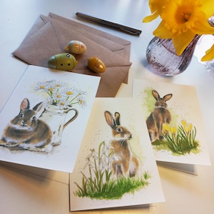 Cartes postales "Lapin de Pâques" d'après mes aquarelles, Illustration de lapin avec des fleurs, crocus, Perce-neige, marguerite x1, 2 ou 3