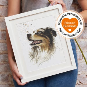 Hand-painted pet portrait. Custom watercolor from photo. Memorial keepsake. Australian Shepherd dog.