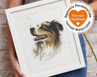 Portrait peint à la main d'animaux de compagnie. Aquarelle personnalisée d’après photo. Souvenirs commémoratif. Chien Berger Australien