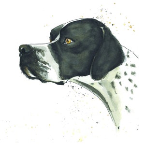 May include: Watercolor painting of a black and white dog with brown eyes. The dog is looking to the right of the image. The background is white with gold and black splatters.
