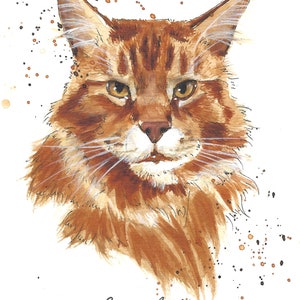 May include: Watercolor painting of a brown tabby cat with green eyes. The cat is looking directly at the viewer. The painting is signed "Saphir" in the bottom right corner.