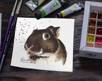 Mini Original Custom Hand Painted Pet Watercolor. Small square rabbit portrait. Memorial keepsake