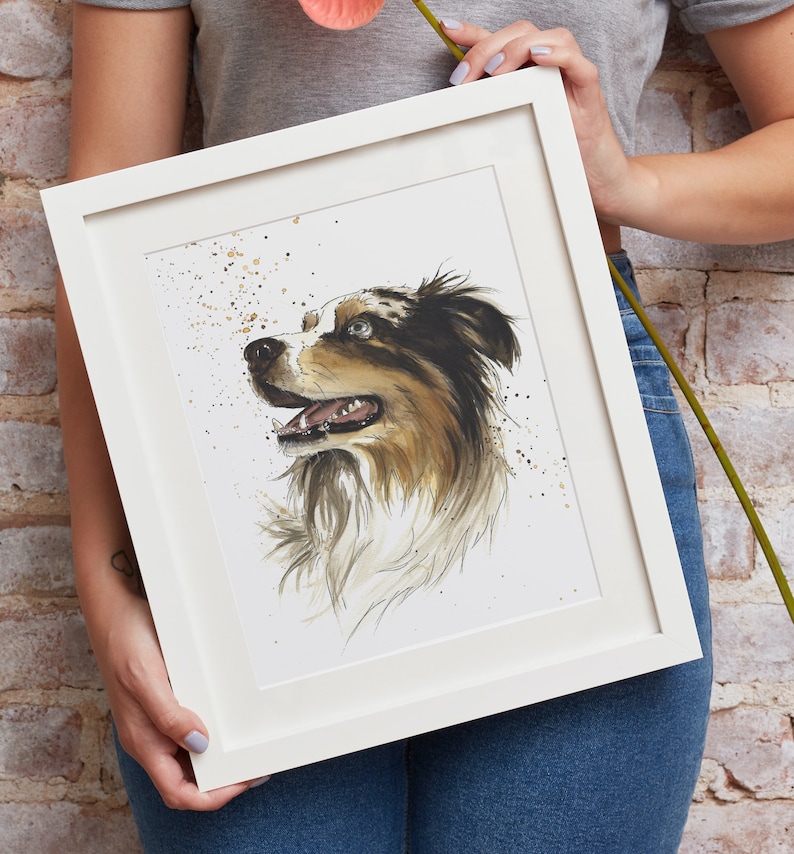 Hand painted portrait of pets. Personalized watercolor from photo. Commemorative memories. Australian Shepherd Dog image 1