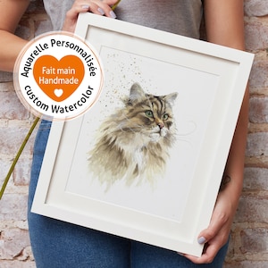 Ritratto di animale personalizzato fatto a mano in acquerello da foto - Acquerello originale di un gatto siberiano - Memoriale dell'animale domestico