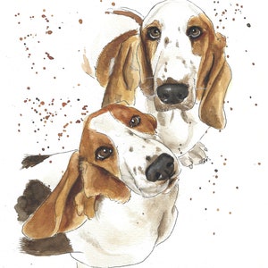May include: Watercolor painting of two basset hounds, one brown and white and the other white with brown spots, looking at the camera. The painting has a brown splatter background.