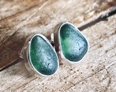 Green, Ocean Tumbled Glass and Eco Silver Stud Earrings