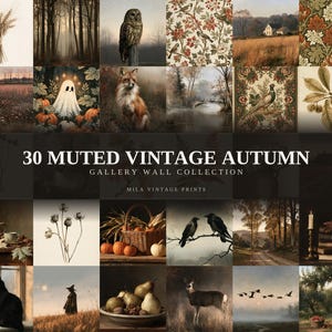 Può includere: Una collezione di 30 stampe da parete vintage autunnali dai toni tenui con varie immagini stagionali tra cui grano, foreste, un gufo, zucche, un fantasma, una volpe, un fagiano, foglie, una teiera, fiori, corvi, un gatto nero e testo.