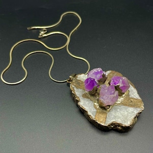 100% Natural Flower Amethyst With Quartz Pendant / Rare Design / Authentic Rare Gemstone Necklace Jewelry pendant With Silver Chain 18inch.